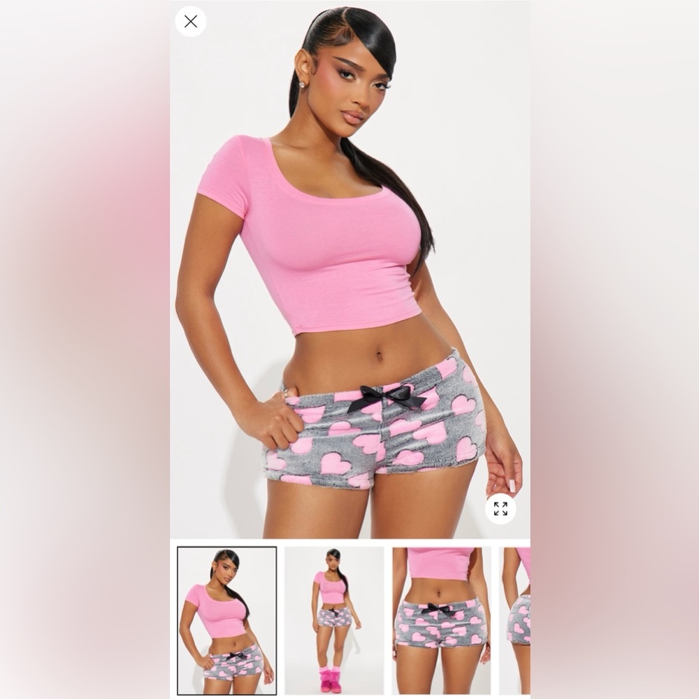 Not Tired Cozy Gray and Pink Heart Plush Pajama Shorts